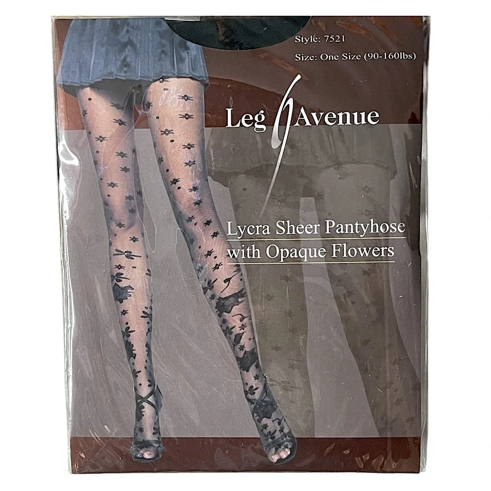3/$20 💥 Leg Avenue Sheer Black Tights w/‎ Opaque Flowers | NWT